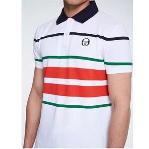 NWT Sergio Tacchini Cloud Archivio Striped Tennis Polo Shirt in White/Grenadine